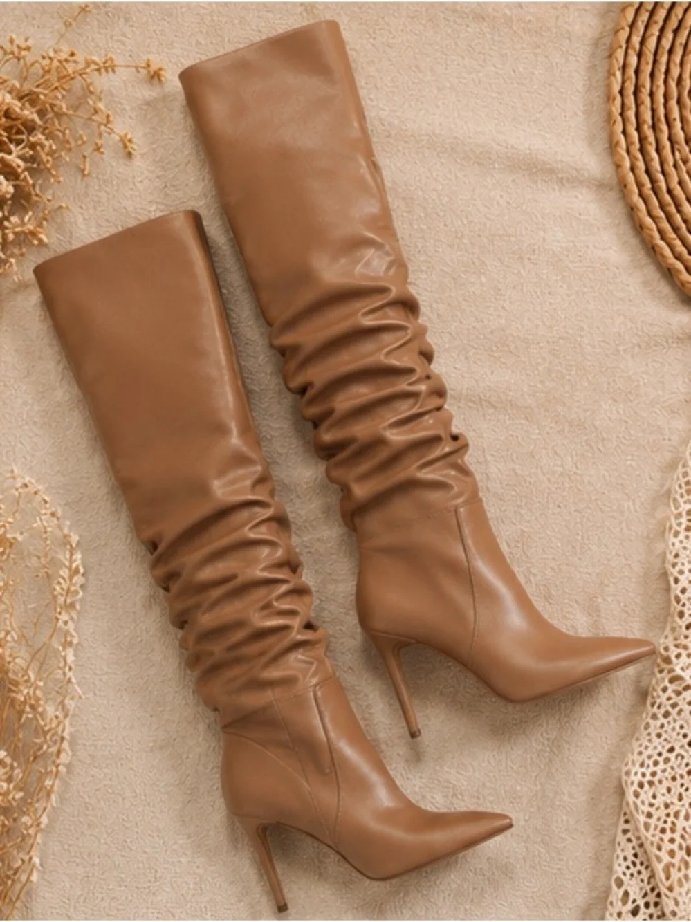 INC Tan Over-the-Knee Slouch Stiletto Boots Pointed Toe Chic